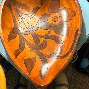 Vintage Hand-Carved Wooden Decorative Bowl, Floral Design, Rustic Home Decor